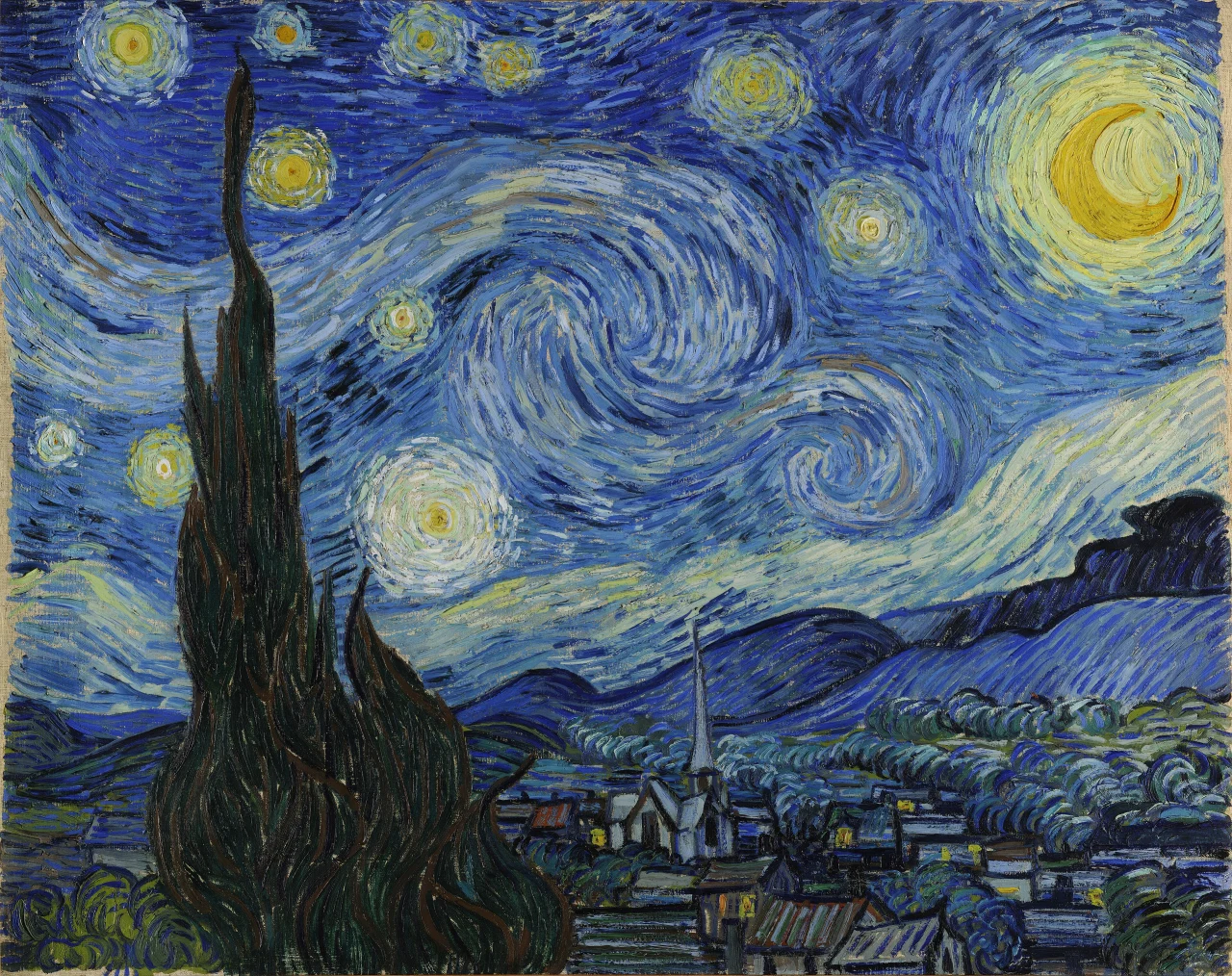 Vincent van Gogh's The Starry Night: swirling blue sky and golden stars above a still village and dark cypress.